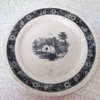 Antique 1900 Sepia Plate Boch la Louviere Black White A walk in the Country