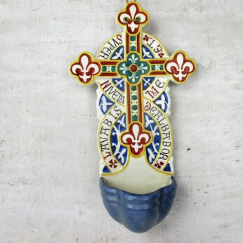 Polychrome Holy Water Font Porcelain Church Wall Hanging Holland Maastricht 8"