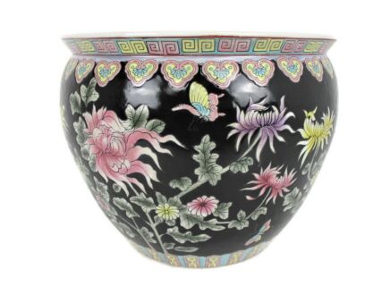 Vintage Chinese Porcelain Enamel Famille Rose Koi Fish Bowl Planter Vase  Cachepot Flowers Black Flowers  Stunning