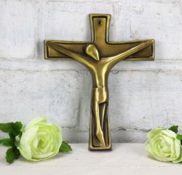 Modernist Small Hanging Crucifix Cross Jesus Christ Brass Lovely 6.3"