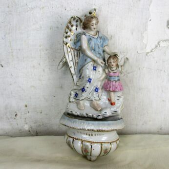 French Holy Water Font Vessel Angel Holding Hand over Girl Porcelain Marked HTF