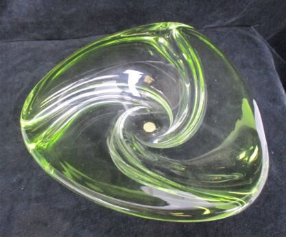 Val St Lambert Green Bowl Dish Centerpiece Basket Swirled art Glass Marked