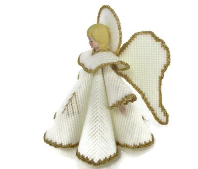 Angel Doll Figurine Statue Folk Art Crocheted Dress and Wings Porcelain Head Hands