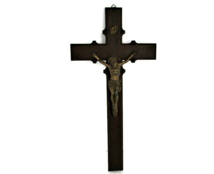 Large   Oak Hanging Crucifix Cross Jesus Christ Brass Corpus  23.62"
