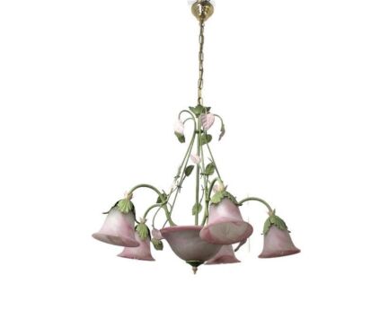 Murano Italian PInk Green Leafs Art Glass Vintage Chandelier 7 Lights Marked