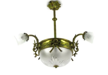 Art Nouveau Chandelier French Bronze Doré Etched Glass Ornate Gorgeous 4 Lights