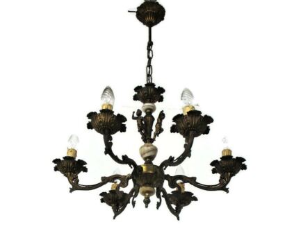Chandelier 6 Lights Arms Putti Hollywood Regency Spelter Marble Gorgeous Lamp