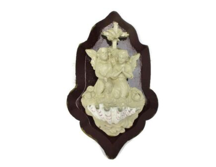 Vintage Holy Water Font Vessel Shell on Wood Angels Painted white lovely