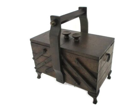 Small Vintage Retro Sewing Box Basket Worker Standing Accordion Wood Practical