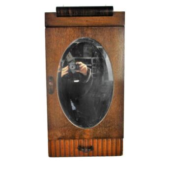 Art Deco Antique Wood Kitchen Apothecary Wall Cabinet Oval Beveled Glass Mirror