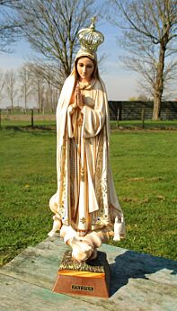 Statuette Our Lady Fatima Portugal r Crown Doves Glass Eyes Hard Plastic 18.89"