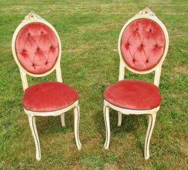 Antique Parlour Chair White carved Crackeled wood Louis XV style Pink Fabric