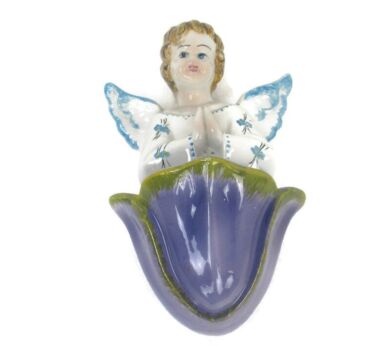 Holy Water Font Angel Hand Painted Bisque Porcelain Collector HTF 8.66"
