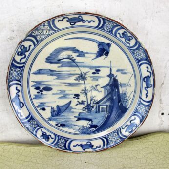 Antique 19th Century Large Delft Charger Plate Blue White Pagoda Chinoiserie
