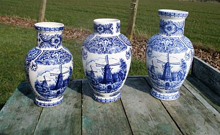 Vintage Delft set of 3 Vases Marked Delfts Bleau Blue White Windmill Landscape