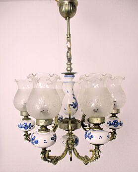 Delft Blue White Porcelain Ornate Brass Chandelier Dutch 6 Arms Etched Glass