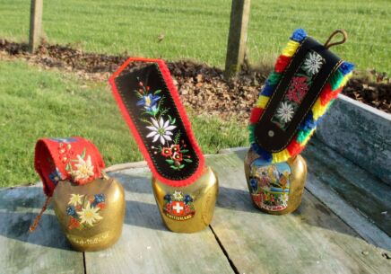 set of 3 Vintage Authentic Swiss Cowbells Rustic Bell Strap Tyrol Veysonnas