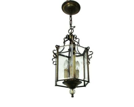 Lantern Ornate Chandelier Pendant Mid Century modern Brass Etched Art Glass