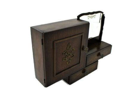 Art Deco Kitchen Apothecary Medicine Wall Bathroom Cabinet Wood Etched glass mirror trim brass pieces Lovely