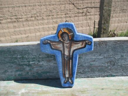 Small Ceramic Crucifix Ceramic Jesus Christ Blue Marked Laach