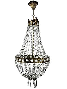 French Authentic Chandelier Prisms Waterfall Bag & tent Brass Romantic 3 Lights