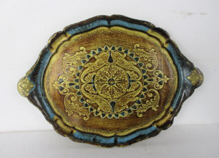 Mid Century Hollywood Regency Florentine Serving Tray Blue Gold Wood