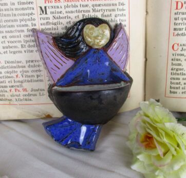 HTF Ceramic Holy Water Font Vessel Amphora Marked Angel Wall Hanging Collector