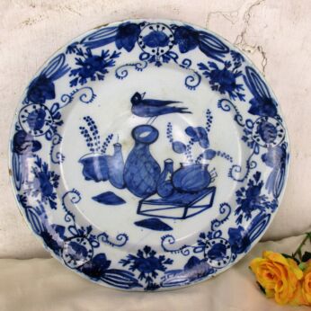Antique 18th Century Large Delft Charger Plate Blue White Unusual Still Life