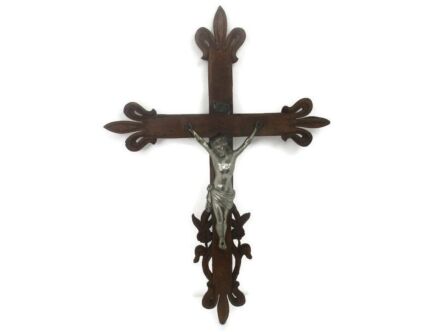Large Hand Carved Wood French Hanging Ornate Crucifix Jesus Christ Fleur de Lis Corpus Faux Brass