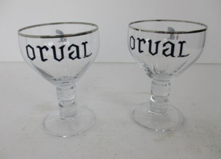 2 Beer Chalice Glasses Goblet Belgian Craft Ale Trappist Westmalle Orval Chimal Vintage enamel rim