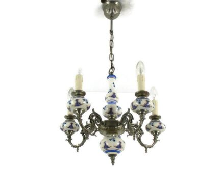Romantic Chandelier Pendant 5 arm Lights Brass Porcelain Flowers Blue White