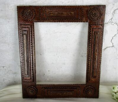 antique Tramp Art picture frame trench Art Folk Art Layered French Handmade HTF