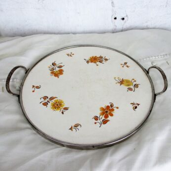 Vintage Cake Pie stand Plate Serving tray France French Romantic yellow Flowers