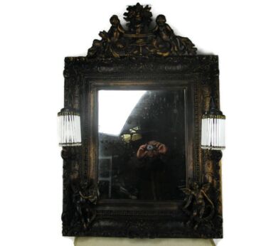 Large Mirror Putti Angels Playing Music Boudoir Vanity Rococo Lamps HTF