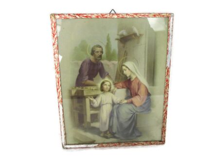 vintage Ornate Holy Family Jesus Virgin Mary St Joseph Print 1940s hard plastic cardboard rare