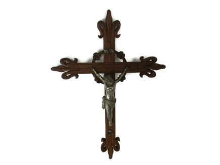 XL Hand Carved Wood Hanging Ornate Church Chapel Crucifix French Fleur de Lis Faux Brass Spelter  Corpus 29.52"