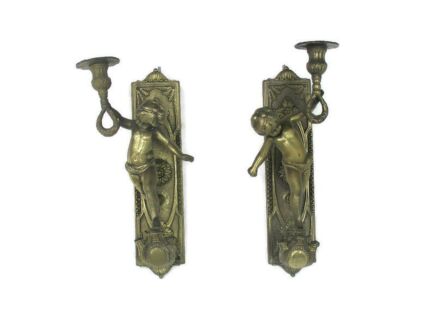 Pair Gorgeous Wall Mounted Sconces Candle Holders Putti Cherub Angels Brass