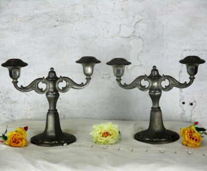 Vintage Couple pair Ornate Double Candle Holders Tin Candelabras Candelabra