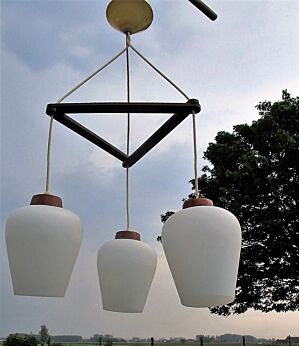 Mid Century Danish Modern teak drop Chandelier Opal Shades 3 Lights Vintage