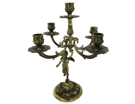 Vintage Brass Ornate 5 Arm Candle Holder Candelabra Putti Angel with Wings Rare Gorgeous