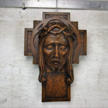 Gorgeous hand Carved Wood Art Jesus Christ Head of Thorns Sculpture Crucifix Oak