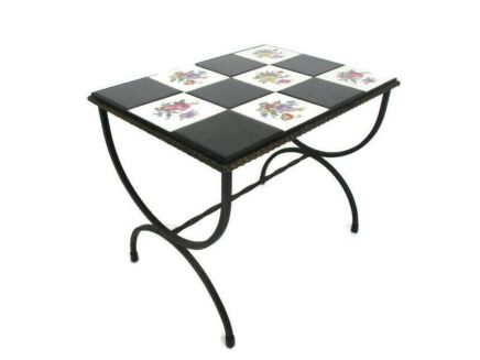 Vintage Small Side Table Plant stand Mosaic tiles Checkered pattern Wrought Iron Funky  Modernist