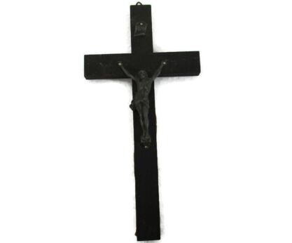 Small Vintage Wood  Spelter Hanging Crucifix Jesus Christ Priest Nun  with Inscription 6.29"