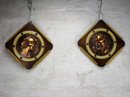 Couple 20s Bauhaus Jesus Christ Virgin Mary Piëta Icons Wall Plaques on Wood