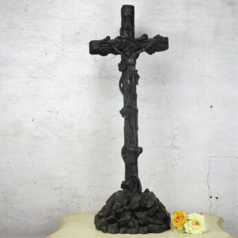 Large Antique Hand Carved Dark Wood Church Altar Table Standing Crucifix 33.07"