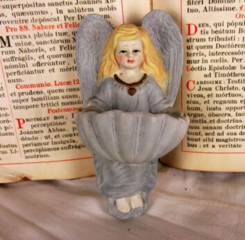 Vintage French Holy Water Font Vessel Bisque Porcelain Angel Collector HTF 6.2"