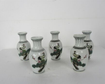 lot of 5 mini miniature small Chinese Republic vases Bird of Paradise