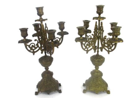 Pair Couple Antique  Gorgeous Brass Ornate Embossed 5 arm Candle Holder Sticks Candelabras