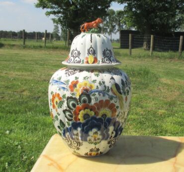 Vintage Dutch handpainted Polychrome Porcelain Lidded Vase Urn