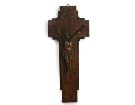 Vintage Ornate Wood Hanging Crucifix Cross Jesus Christ Red Copper Corpus 18.3"